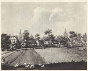 Dorf Tempelhof um 1790, nach einem Aquarell von J. F. Hennig